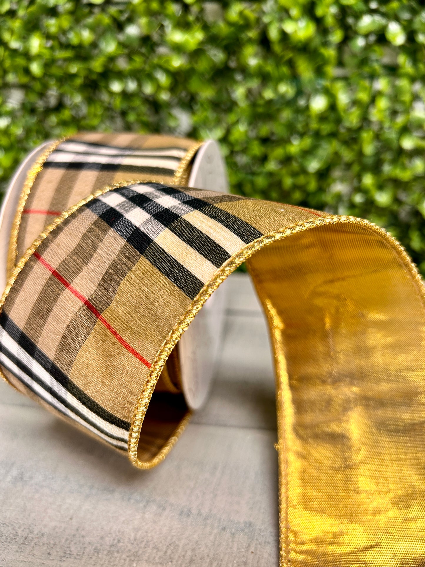 2.5 Inch By 10 Yard Black And Tan Plaid With Gold Back Ribbon