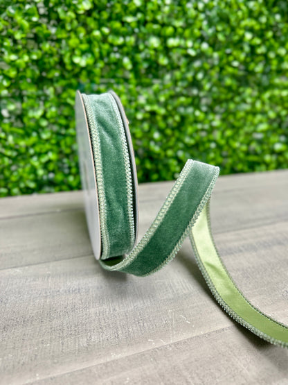 7/8 Inch By 10 Yard Sage Green Deluxe Velvet With Satin Backing Ribbon