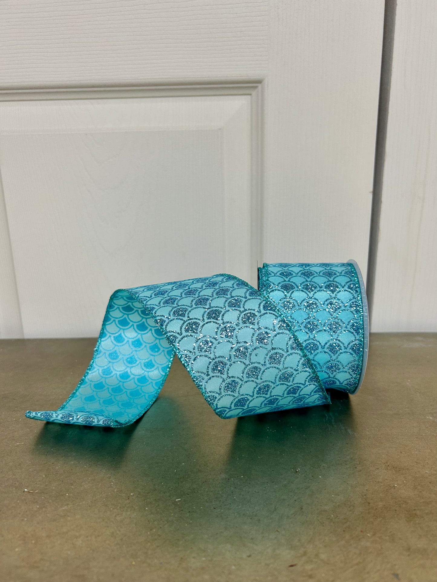 2.5 Inch By 10 Yard Aqua Glitter Fish Scales Pattern Ribbon