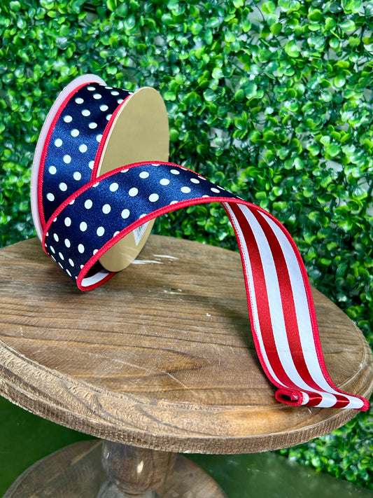 1.5 Inch By 10 Yard Navy And White Polka Dot With Red And White Stripe Backing Fused Ribbon