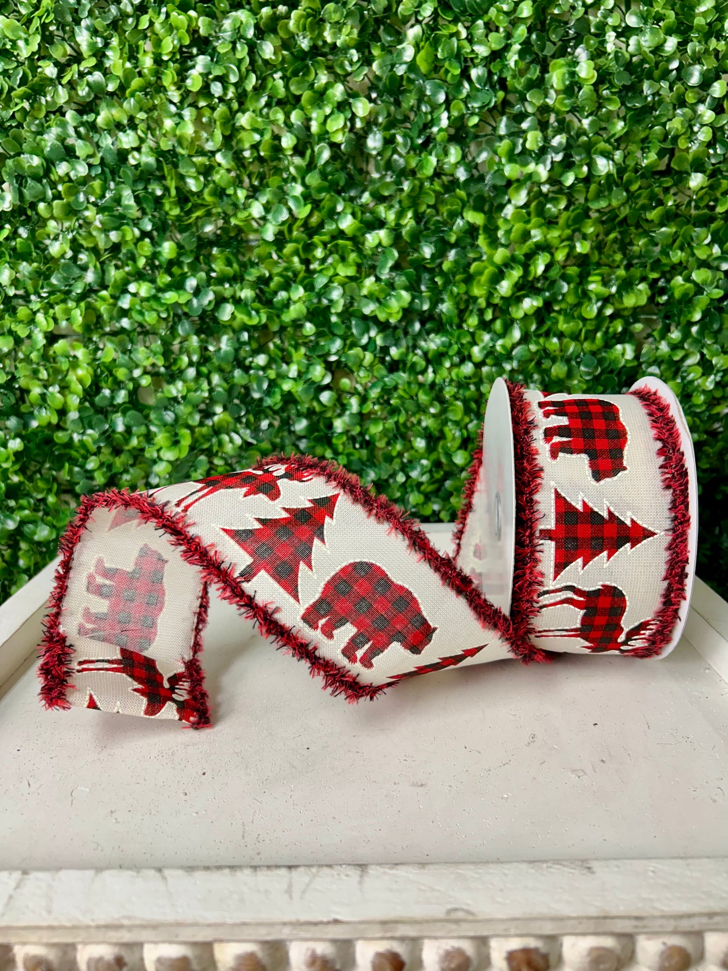 2.5 Inch By 10 Yard Plaid Moose Bear And Tree With Black And Red Drift Edge Ribbon