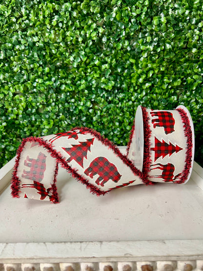 2.5 Inch By 10 Yard Plaid Moose Bear And Tree With Black And Red Drift Edge Ribbon