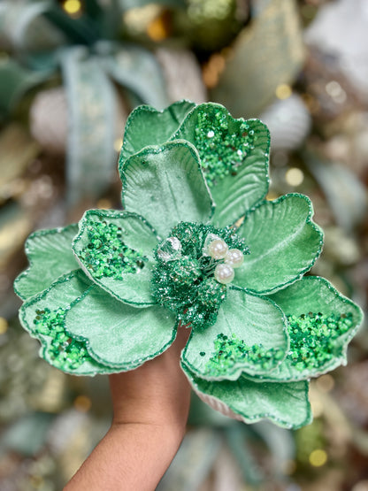 22 Inch Sage Green Glitter Sequin And Bead Magnolia Spray