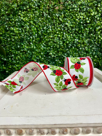 2.5 Inch By 10 Yard Ladybugs On Leaves Ribbon