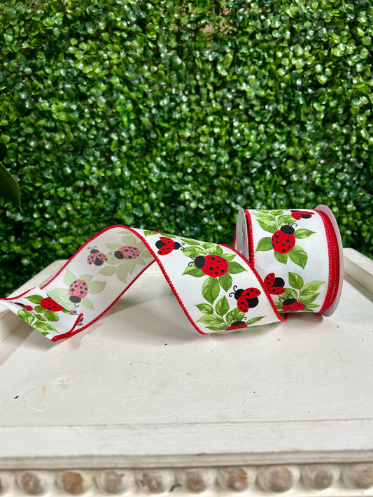 2.5 Inch By 10 Yard Ladybugs On Leaves Ribbon