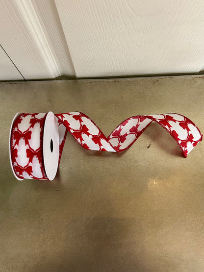 1.5 Inch By 10 Yard White Background With Red Bows Ribbon