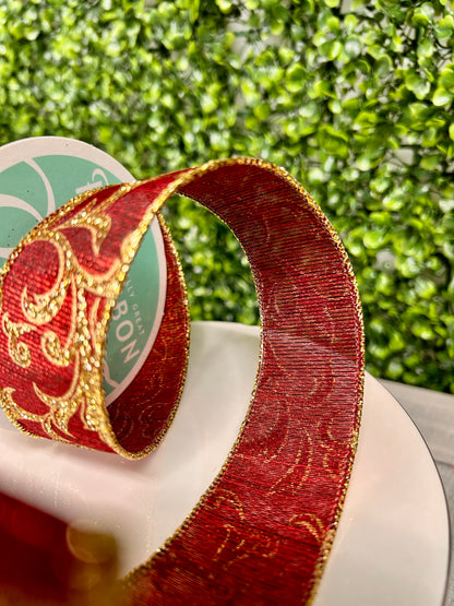 1.5 Inch Burgundy And Gold Acanthus Leaf Metallic Ribbon