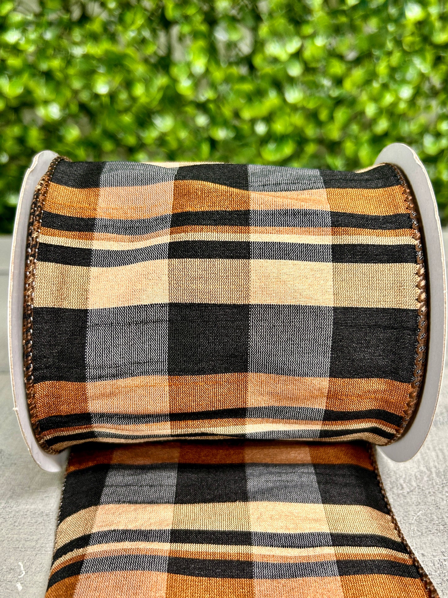 4 Inch By 10 Yard Brown Tan Black Dupioni Plaid Ribbon