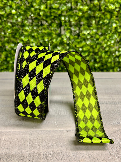 1.5 Inch By 10 Yard Fresh Green And Black Glitter Harlequin Ribbon