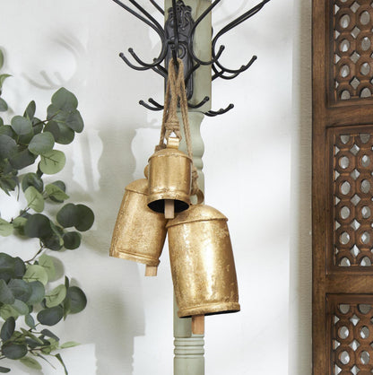 Gold Metal Tibetan Inspired Indoor Outdoor Decorative Cow Bells With Jute Hanging Rope Set of Three