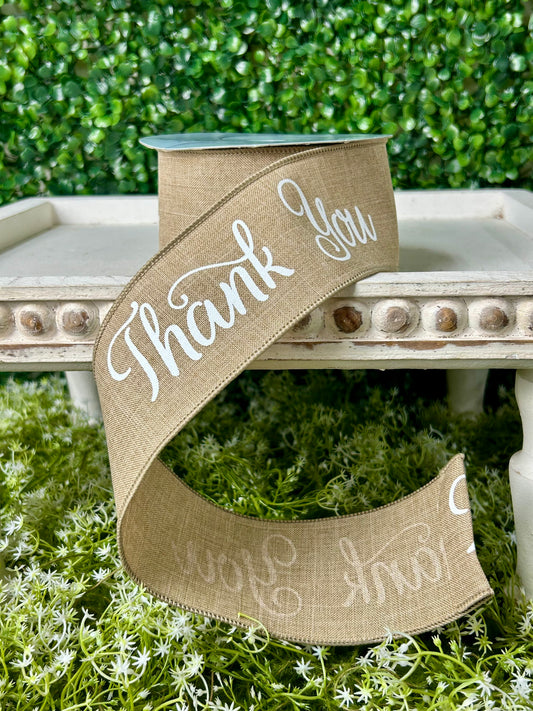 2.5 Inch By 10 Yard Light Beige And White Thank You On Royal Ribbon