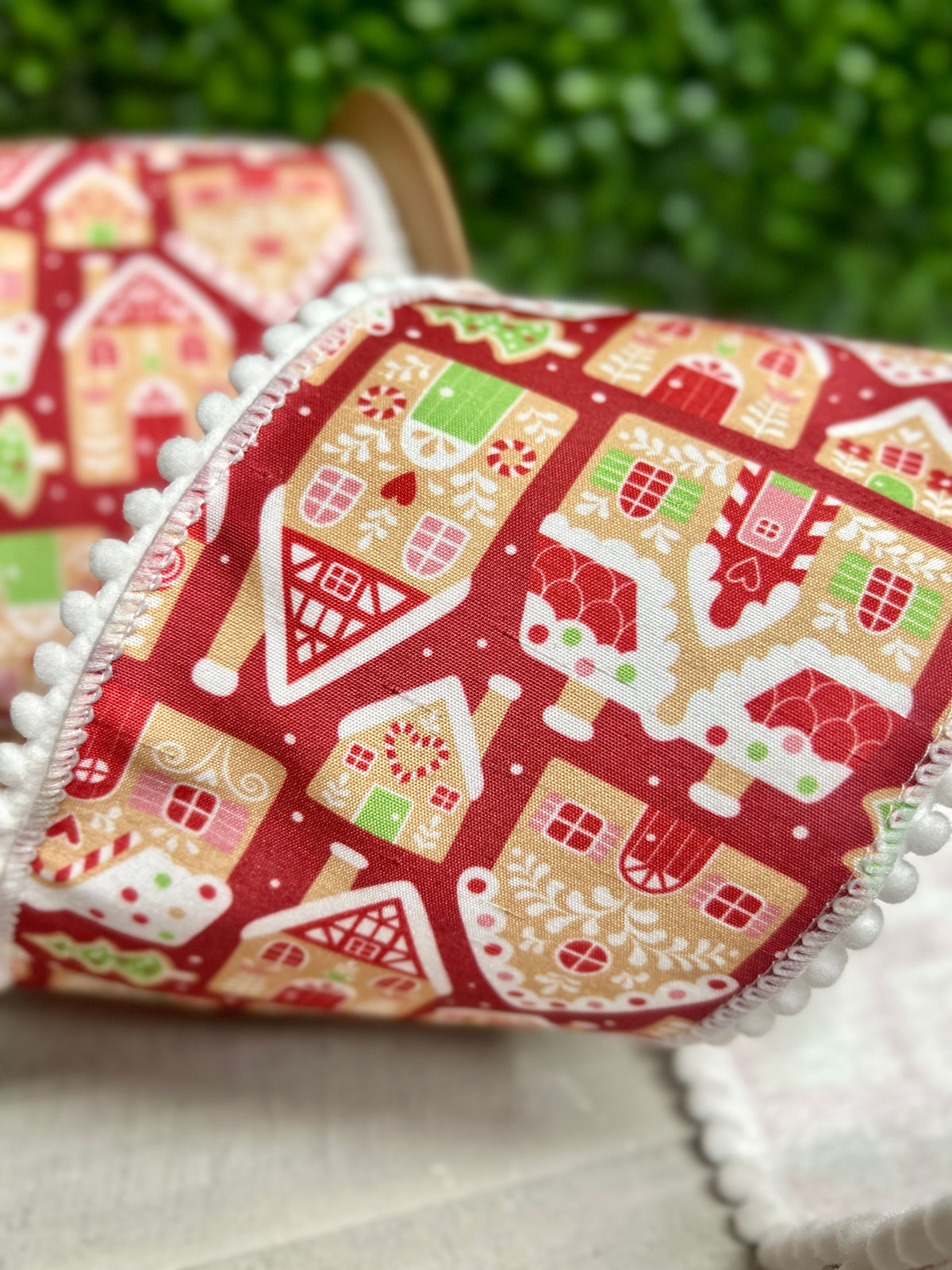 4 Inch By 10 Yard Gingerbread Houses On Red With White Backing Ribbon