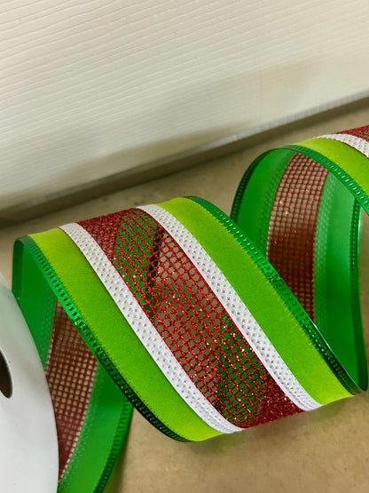 2.5 Inch By 10 Yard Green Velvet With Red Net Center Ribbon
