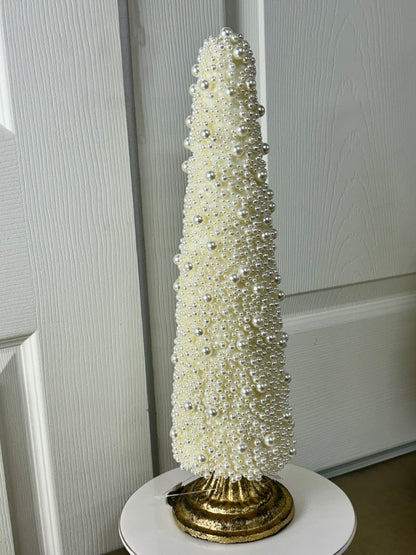 15 Inch Cream Pearl Cone Topiary With Stand