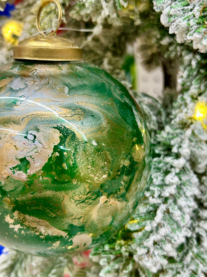 4 Inch Hunter Green Gold And White Marble Glass Ball Ornament