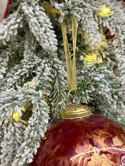 5 Inch Red Gold White Marble Glass Ball Ornament