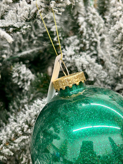5 Inch Emerald Green Lacquer Look Glitter Ball Ornament