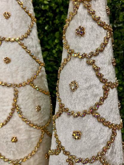 Set Of Two 18 And 24 Inch Ivory Jeweled Scalloped Velvet Cone Tree