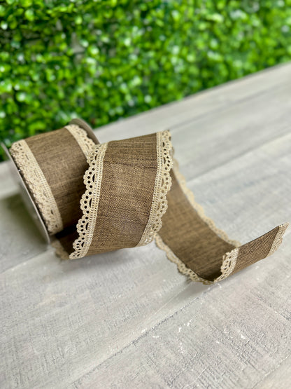 2.5 Inch By 10 Yard Light Beige And Brown Lace Edge Royal Burlap Ribbon