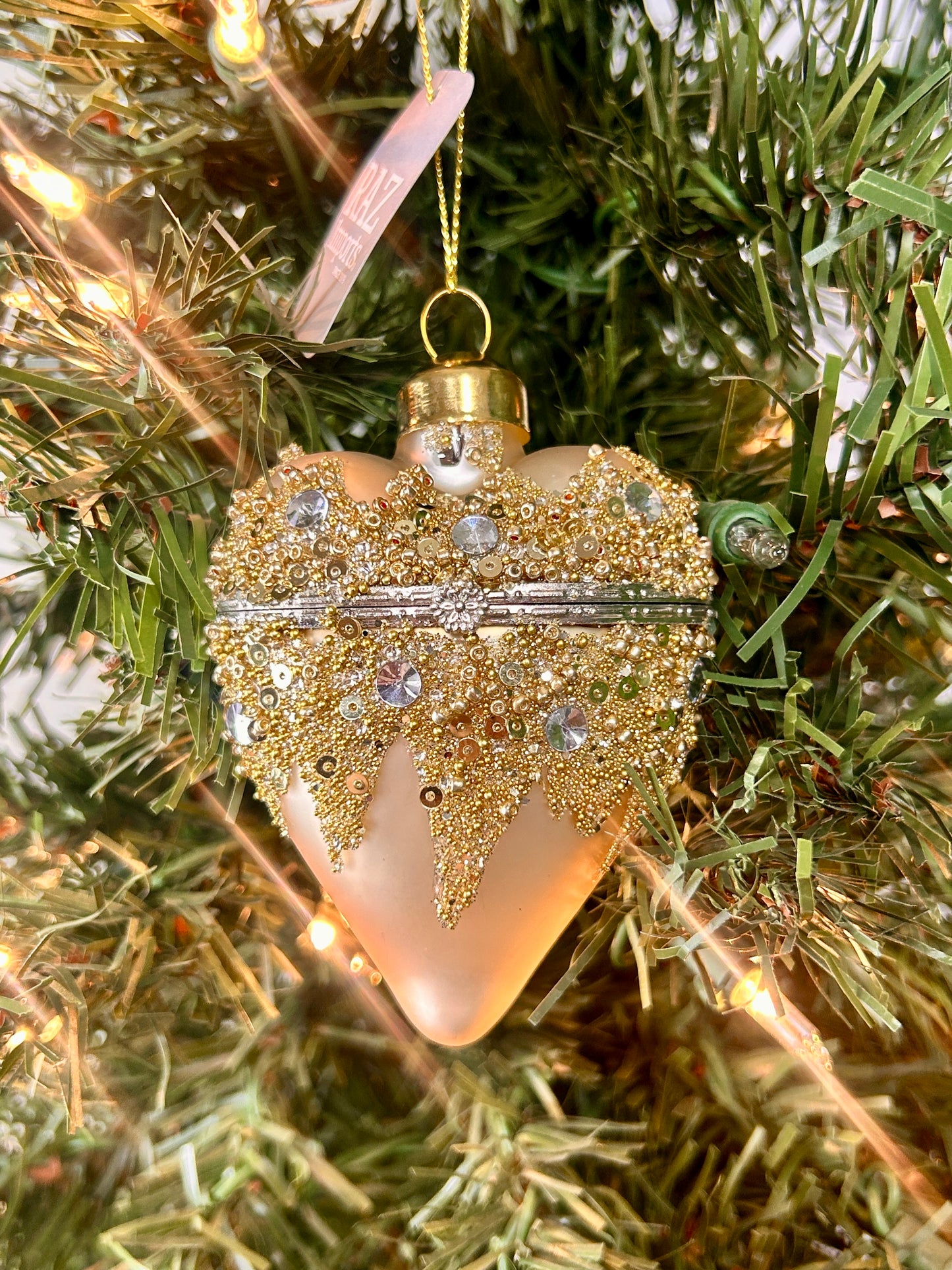 3.5 Inch Champagne Gold Sequin Glass Heart Box Ornament