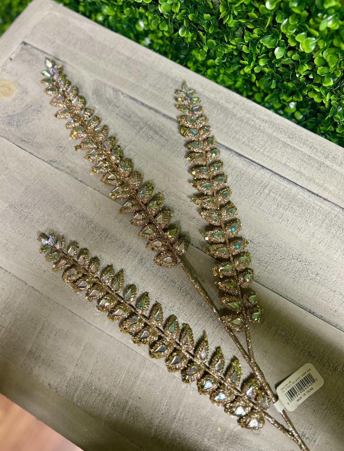 34.5 Inch Iridescent Glitter Rhinestone Mini Leaf Spray