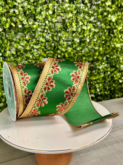 2.5 Inch By 10 Yard Red And Gold Scallop Trim On Emerald Ribbon