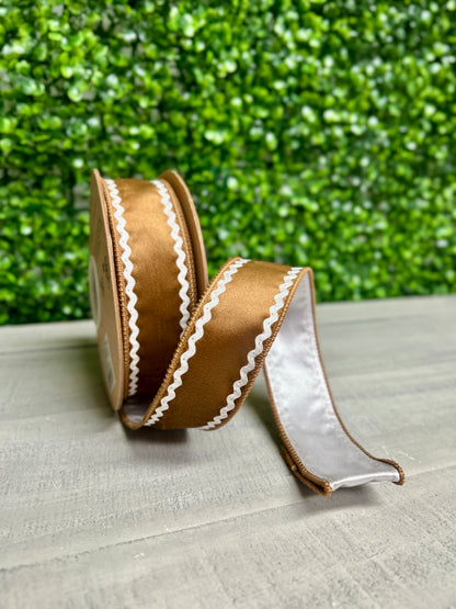 1.5 Inch By 10 Yard Gingerbread Brown White Ric Rac With White Backing Ribbon