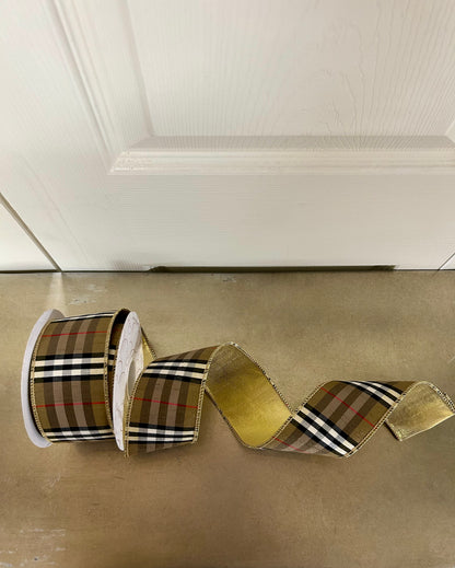 2.5 Inch By 10 Yard Burberry Black And Tan Plaid With Gold Back Ribbon