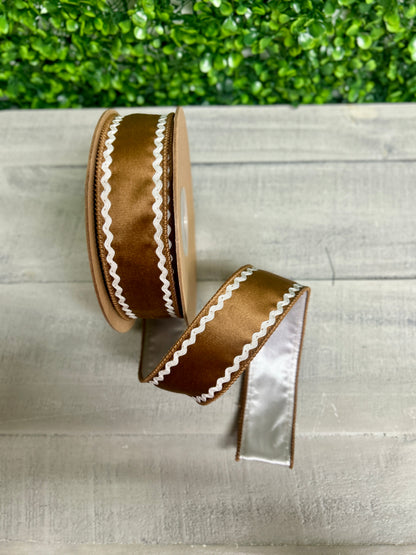 1.5 Inch By 10 Yard Gingerbread Brown White Ric Rac With White Backing Ribbon