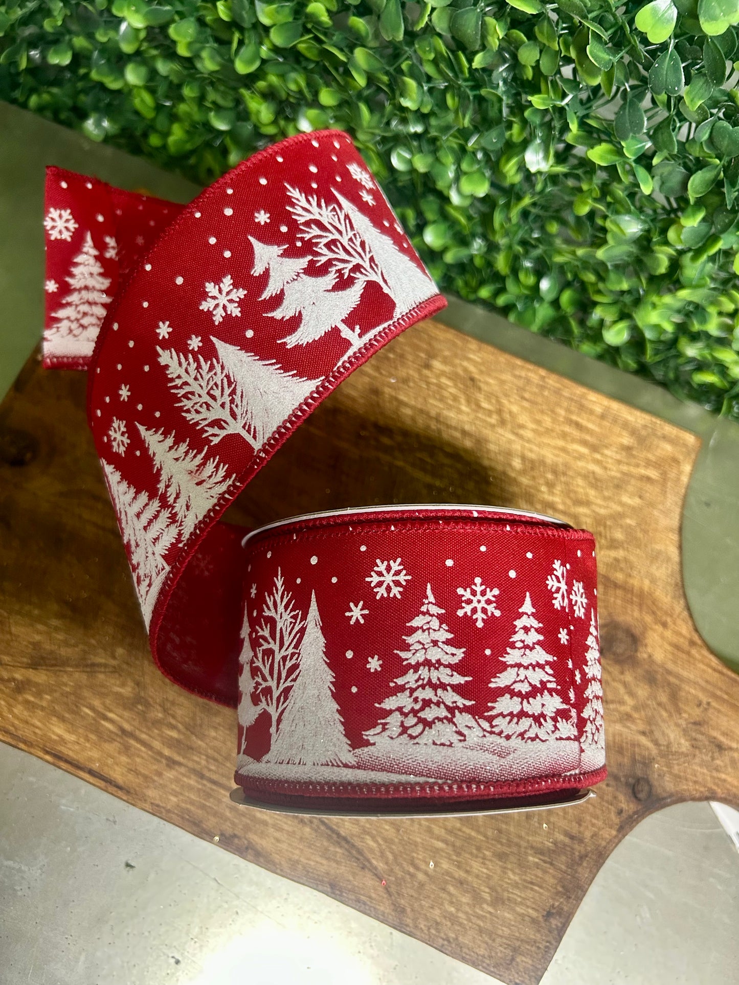 2.5 Inch By 10 Yard White Christmas Trees On Red Background Ribbon