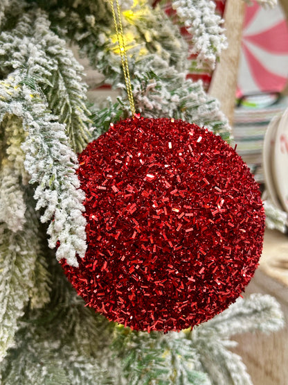 4 Inch Red Foil Glitter Ball Ornament