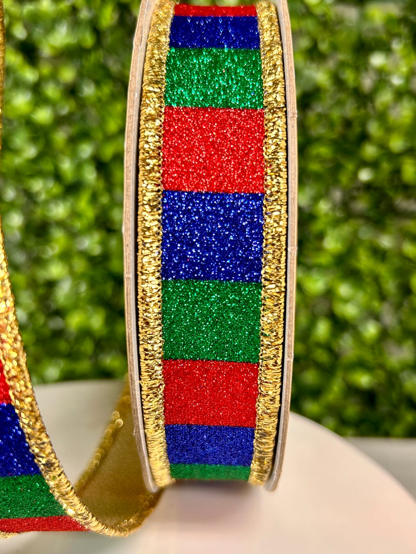 7/8 Inch By 10 Yard Red Emerald And Royal Blue Glitter Striped Fused Ribbon