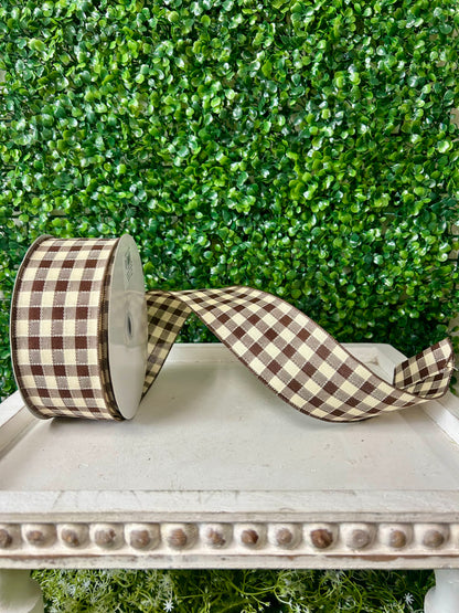 2.5 Inch By 50 Yard Brown And Cream Woven Small Check Ribbon