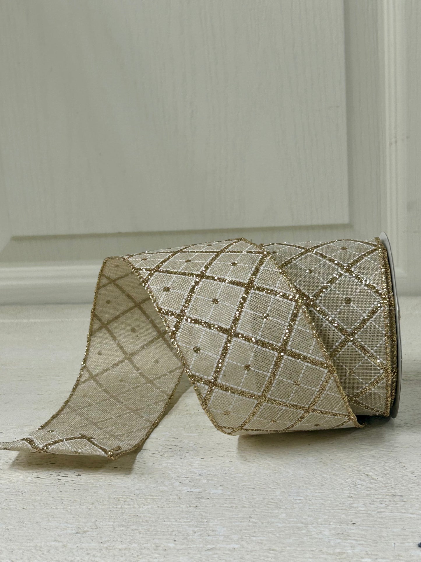 2.5 Inch By 10 Yard Champagne Gold Glitter Diagonal Plaid Ribbon