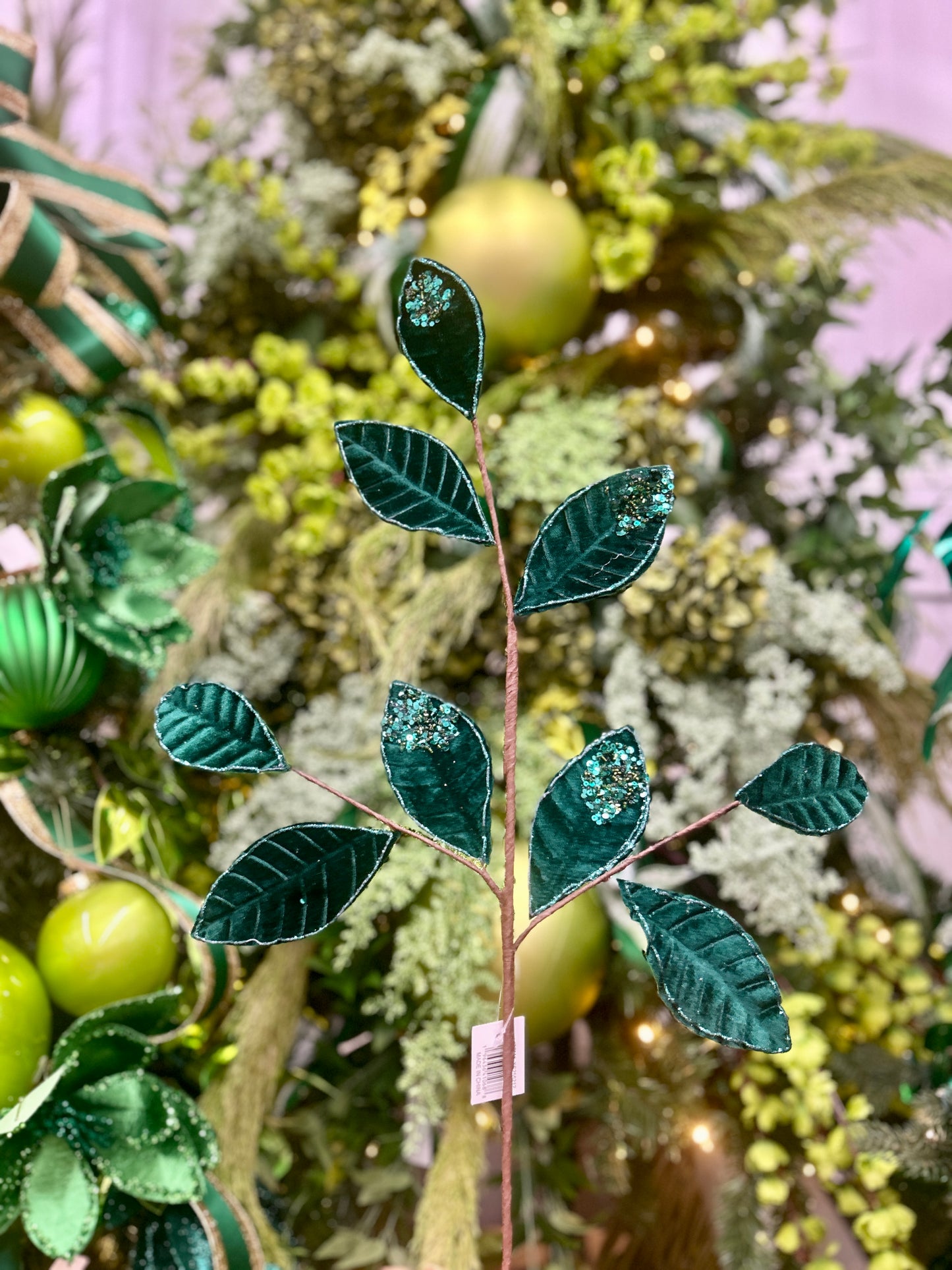 27 Inch Hunter Green Velvet And Glitter Magnolia Leaf Spray