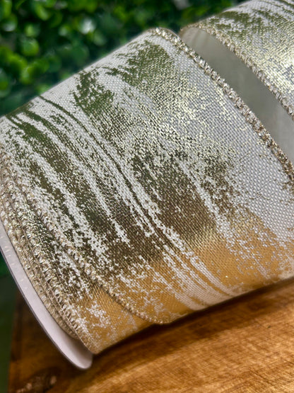 2.5 Inch By 10 Yard Gold And White Metallic Streak Ribbon