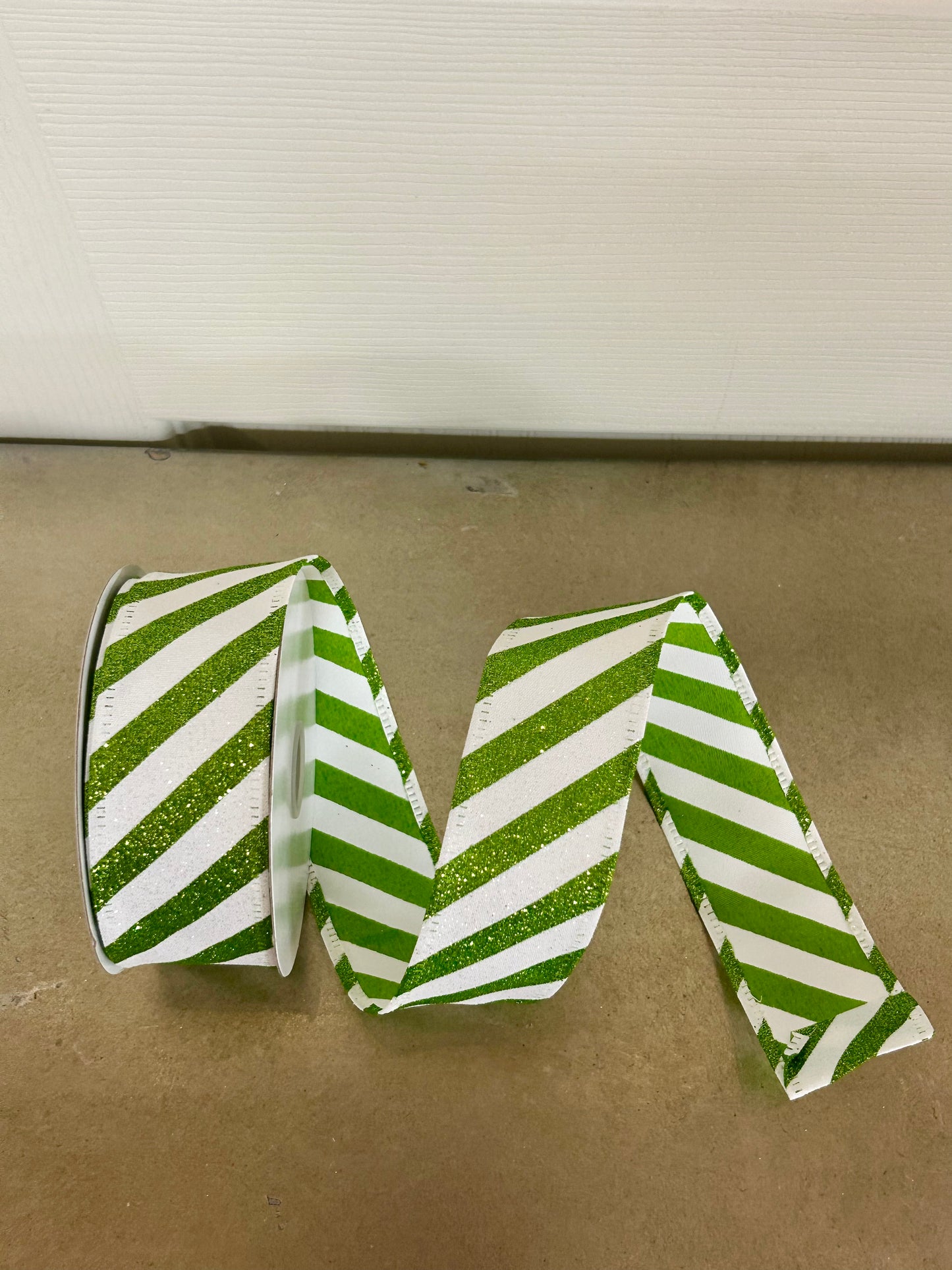 1.5 Inch By 10 Yard Lime White Flat All Glitter Candy Cane Stripe Ribbon