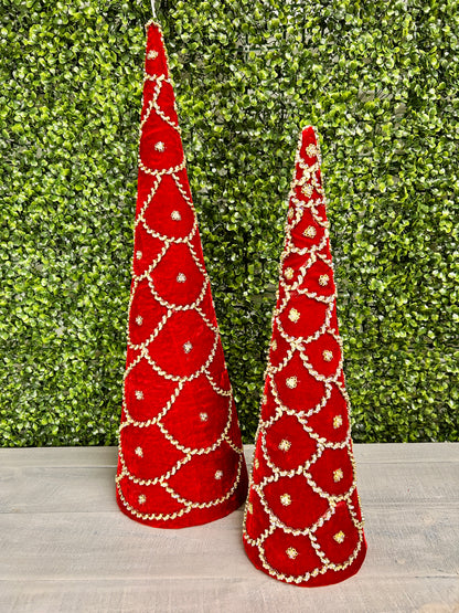 Set Of Two 18 And 24 Inch Red Jeweled Scalloped Velvet Cone Tree
