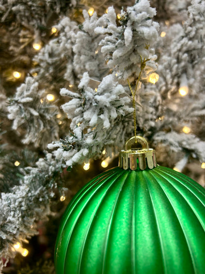 5 Inch Matte Green Vertical Stripe Ball Ornament