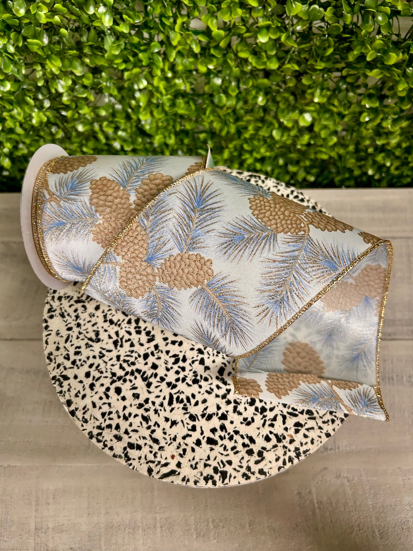 4 Inch By 10 Yard Blue And Champagne Pinecone Branches Ribbon
