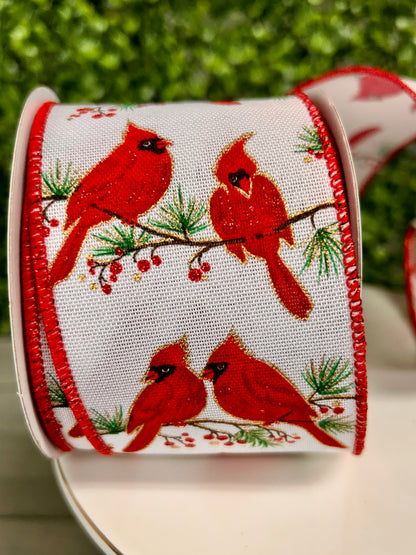 2.5 Inch By 10 Yard Cardinals On Branch On White Royal Ribbon