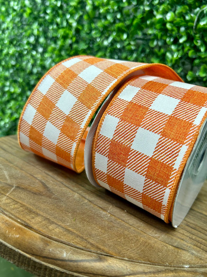 2.5 Inch By 10 Yard Orange And White Striped Check On Royal Ribbon