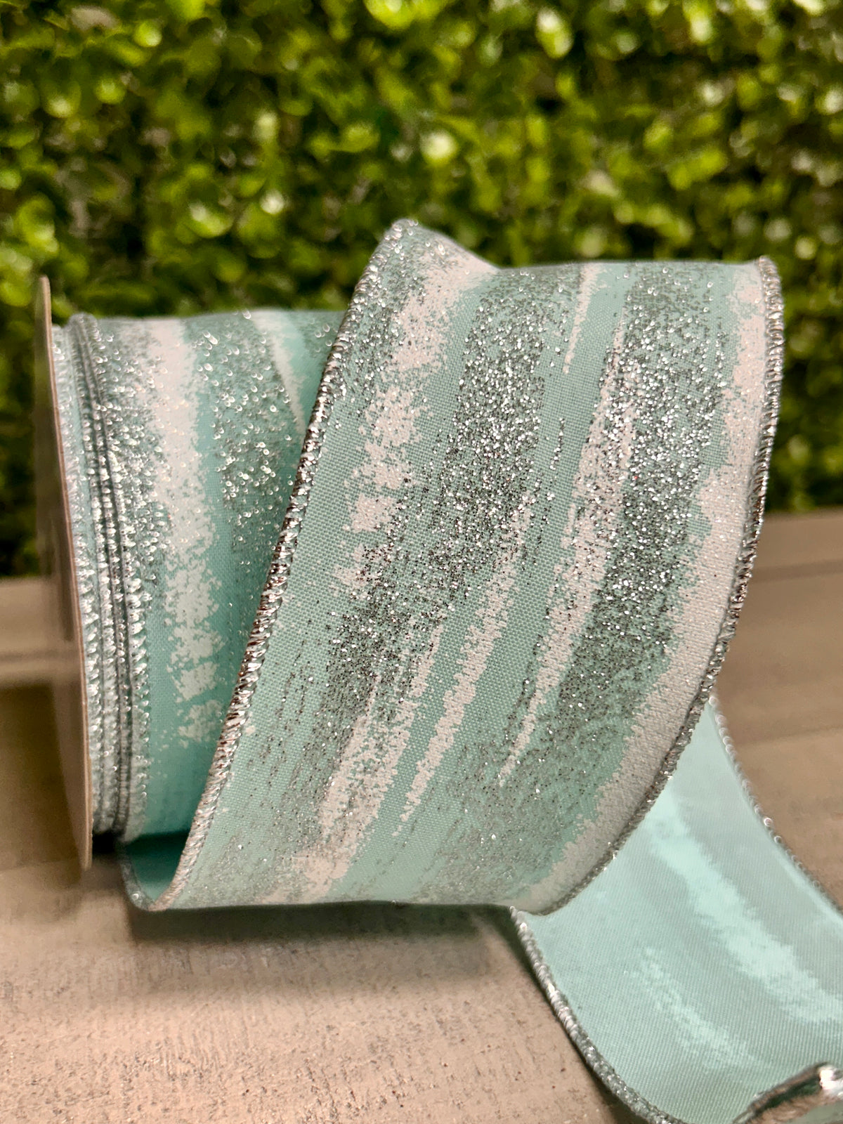 2.5 Inch By 10 Yards Soft Turquoise White And Silver Glitter Paint Strokes Ribbon