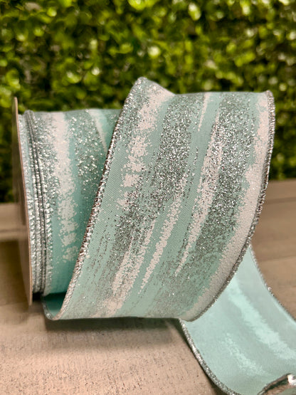 2.5 Inch By 10 Yards Soft Turquoise White And Silver Glitter Paint Strokes Ribbon