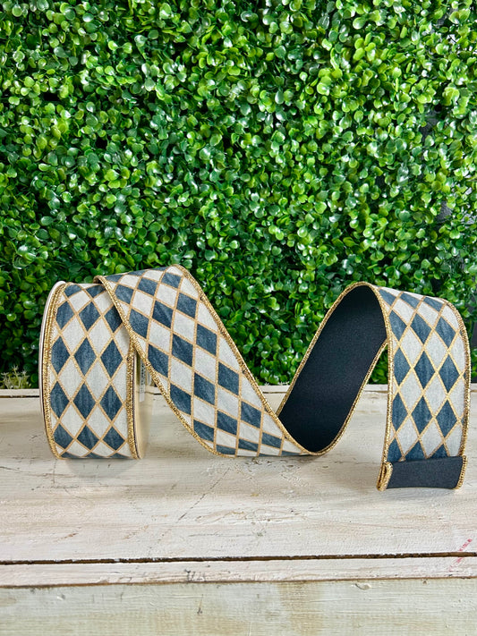 2.5 Inch By 10 Yard Cream Grey Gold And Black Antique Harlequin Fused Ribbon