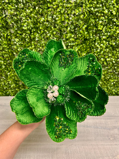 22 Inch Emerald Green Glitter Sequin And Bead Magnolia Spray