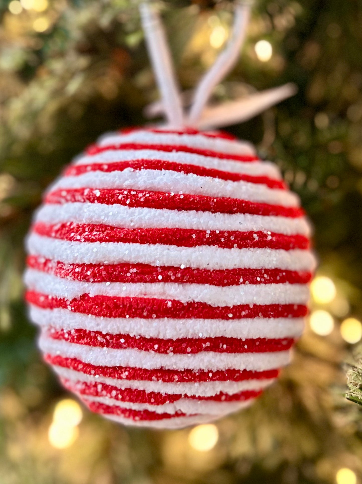 4.5 Inch Chenille Ball Ornament Red And White