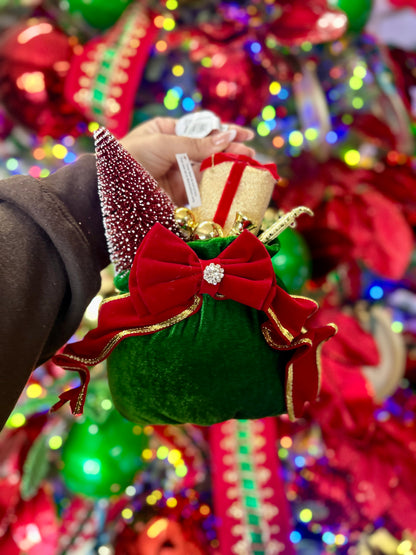 10 Inch Red Green Velvet Sack With Gift Tree Ornament