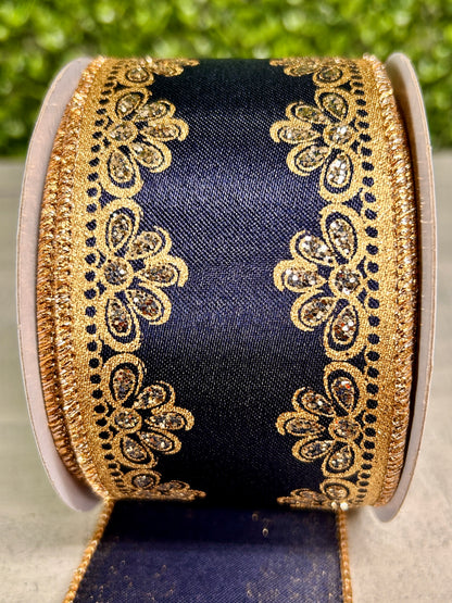 2.5 Inch By 10 Yard Navy Gold And Champagne Lux Scallop Trim Ribbon