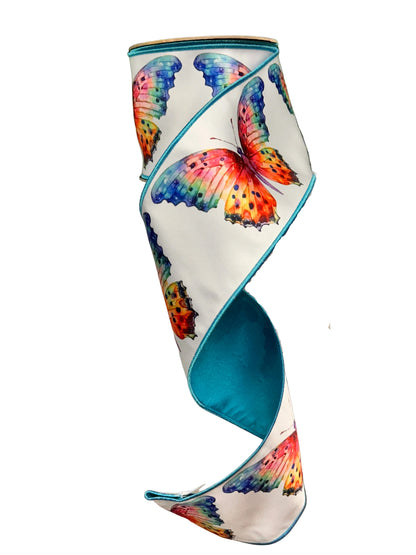 D. Stevens 4 Inch By 10 Yard Aqua Orange And Lavender Colorful Watercolor Butterfly Satin Ribbon